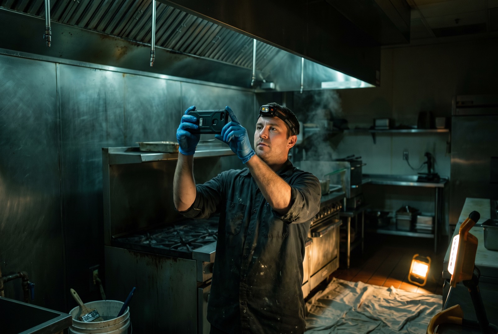 A hood cleaning technician photographs the inside of a commercial kitchen exhaust hood at night, lit by a headlamp and a portable work light.